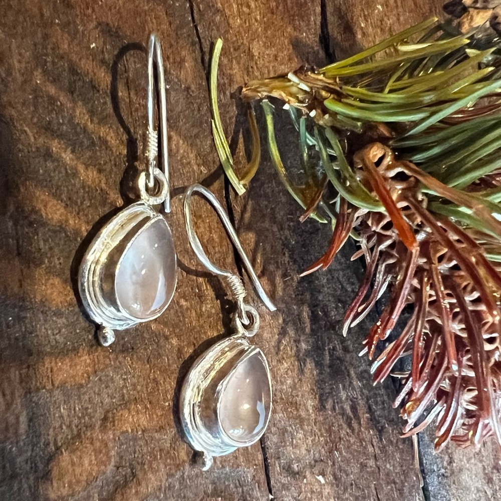 New Bali Pink Pale Rose Quart Earrings Hooks Drop Teardrop 925 Sterling Cabochon